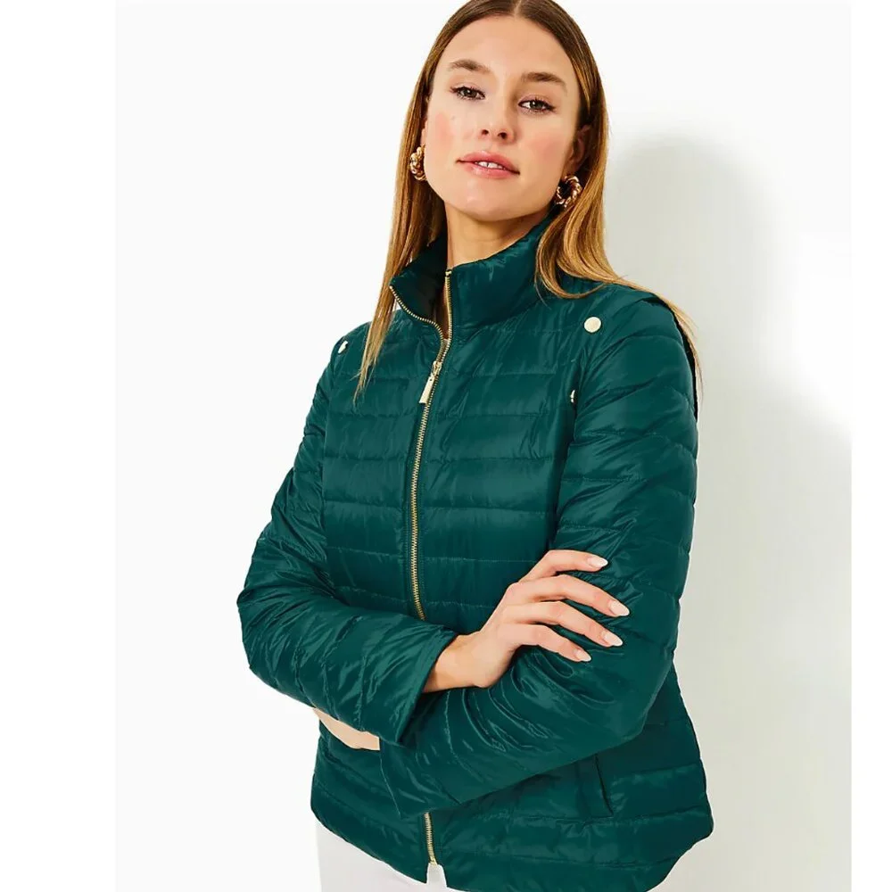 NEW Lilly Pulitzer Tenna Convertible Down Puffer Jacket Vest Villa Green